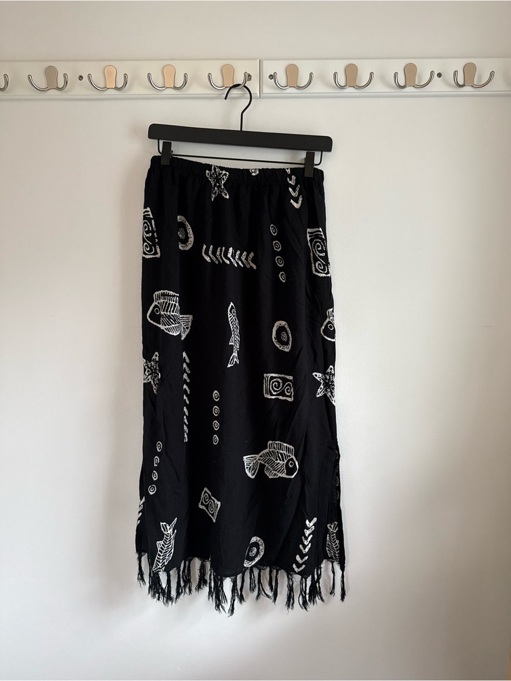 Raviya Black Maxi Skirt with White Fish Print and Fringe